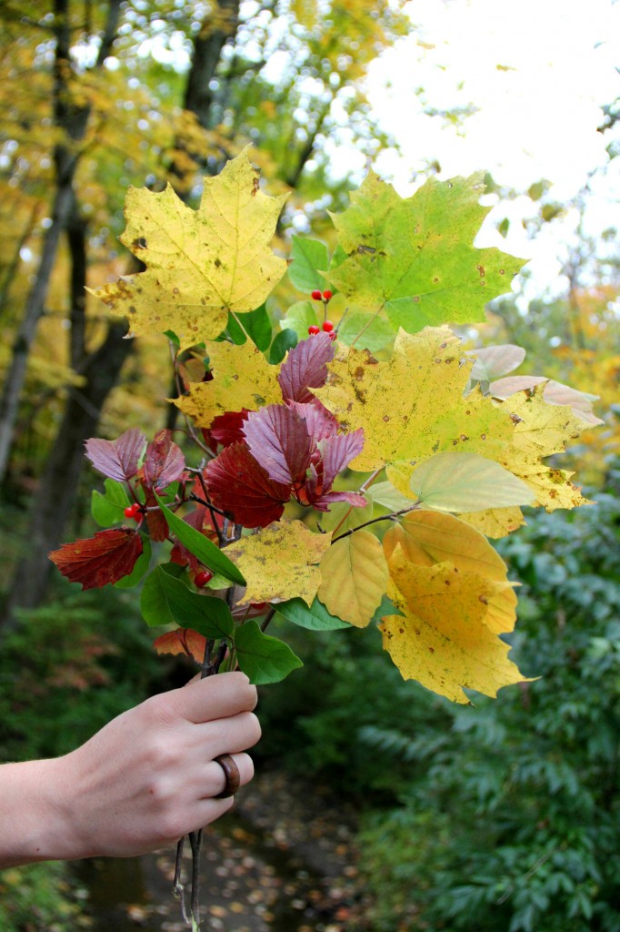 autumn leaf bouquet and wooden ring